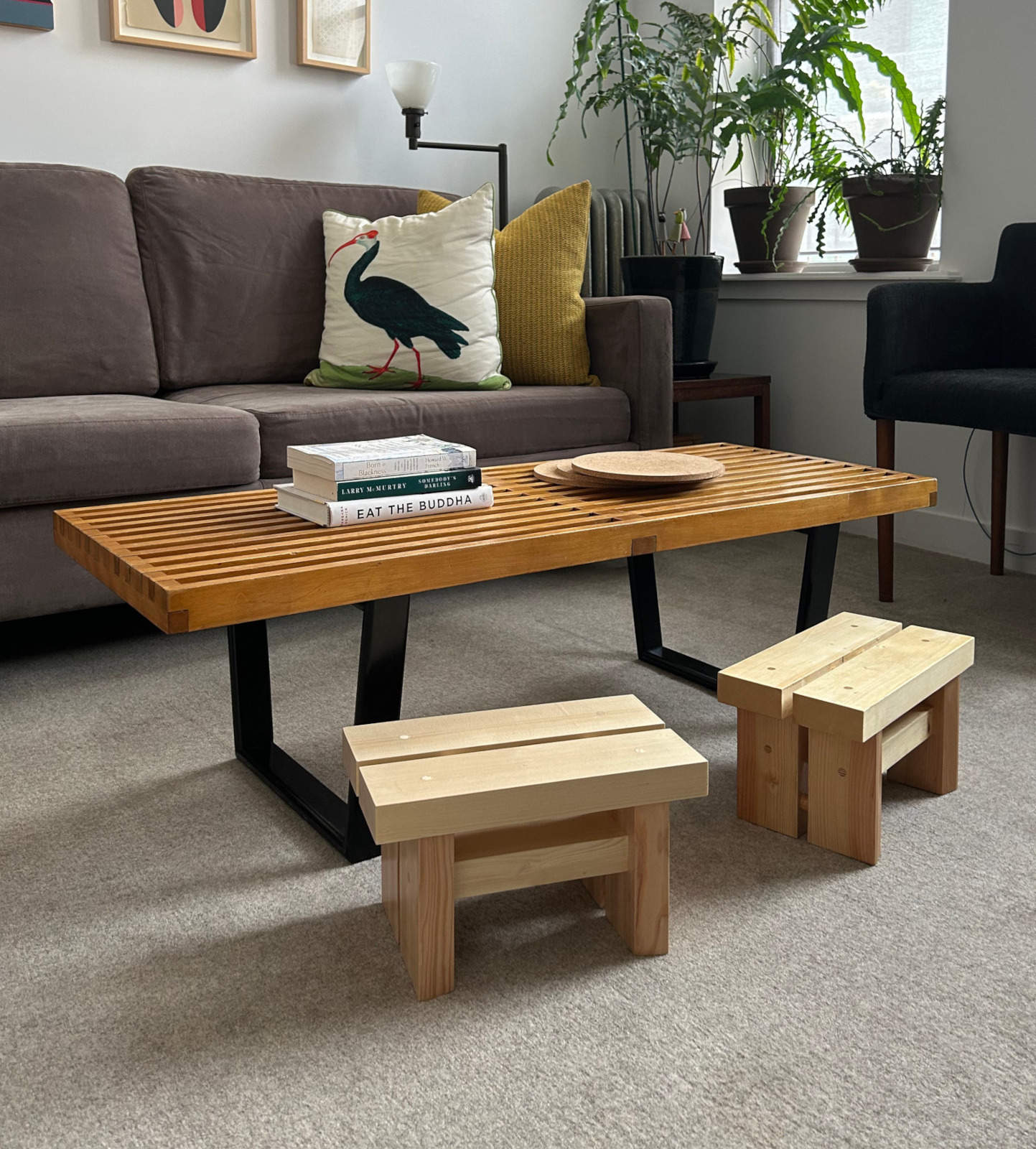 two foot benches with white wood topp and douglas fir legs in a living room